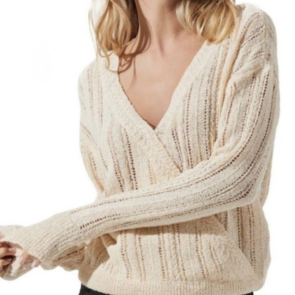 NWT ASTR the Label Wrap Front Pointelle Sweater Cream L